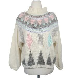 Vintage 80s Jamie Scott Cream Geometric Handknit Sweater S